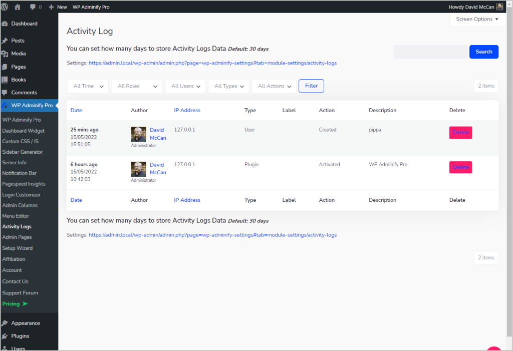 adminify activity logs