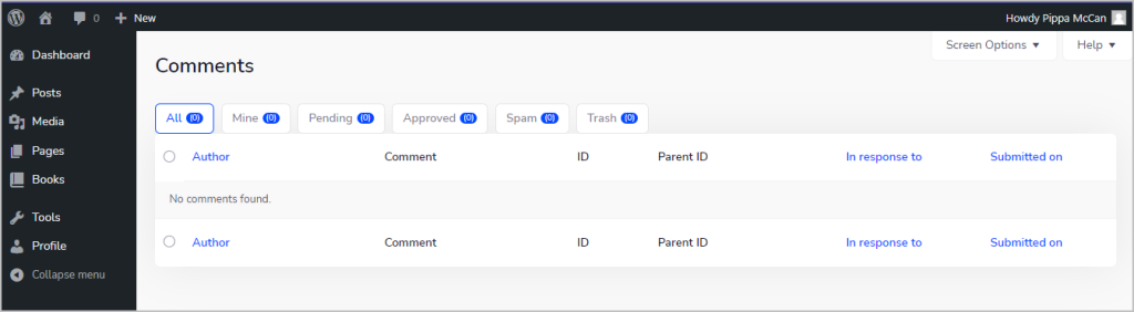 adminify comments menu accessible with direct link