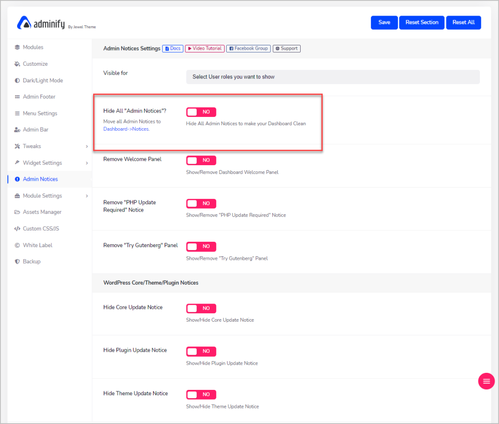 adminify hide admin notices