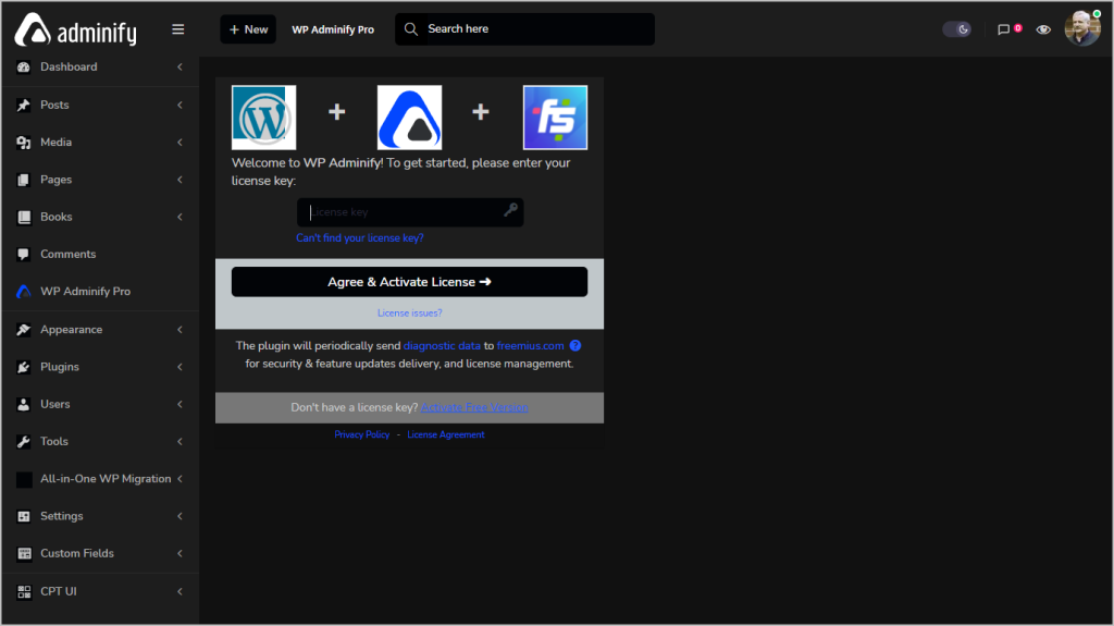 adminify license screen