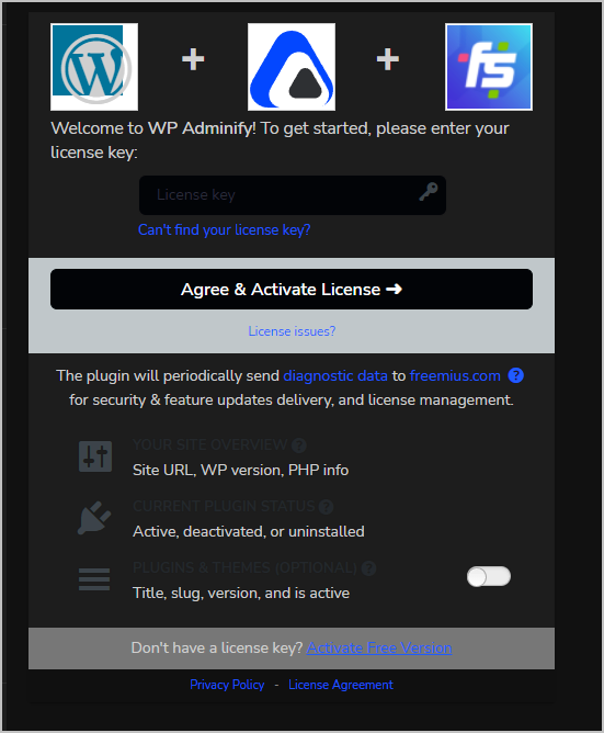 adminify license screen showing what is collected
