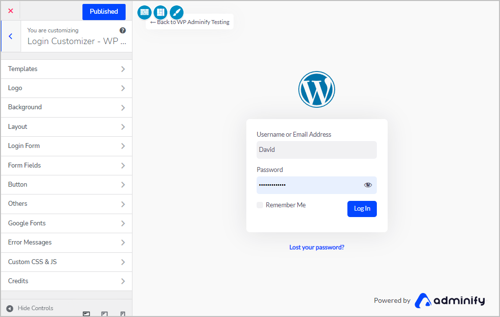 adminify login cusotmizer