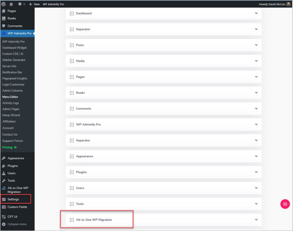 adminify menu editor 1st test