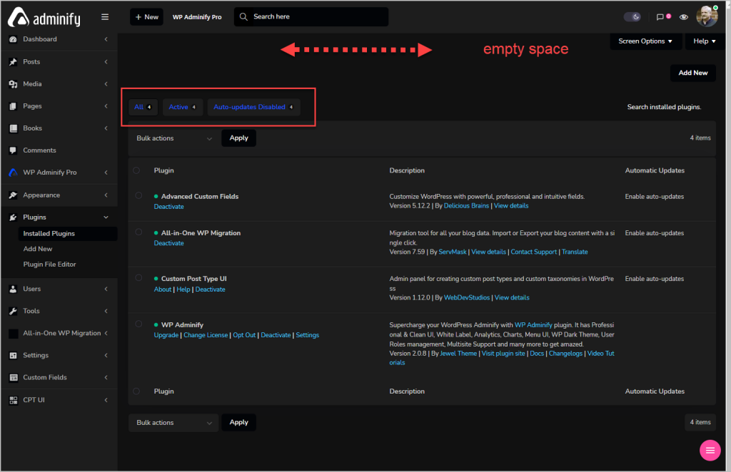 adminify plugins page with customized theme