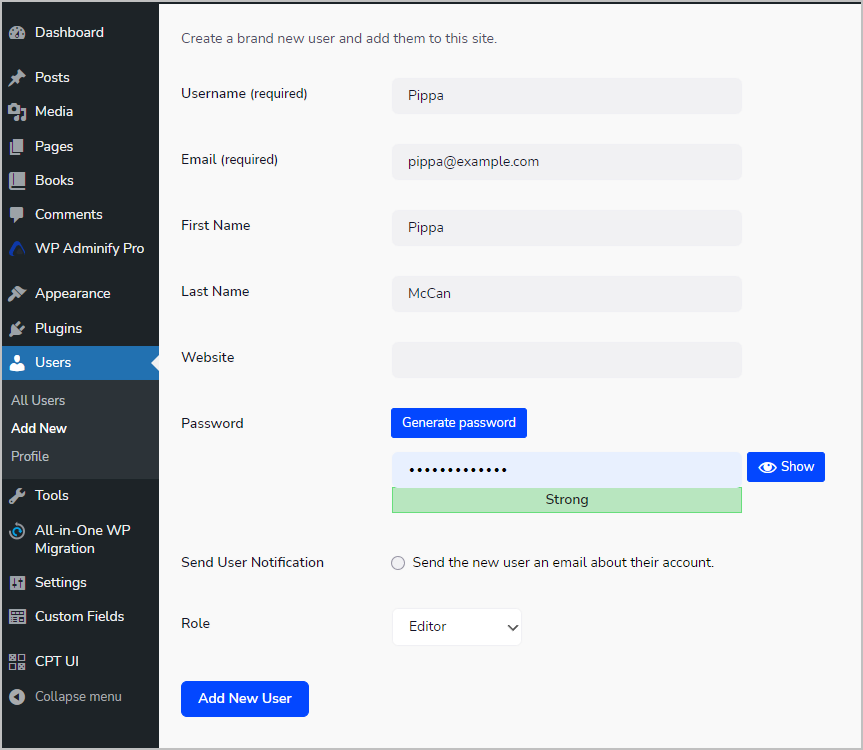 adminify user with editor role created