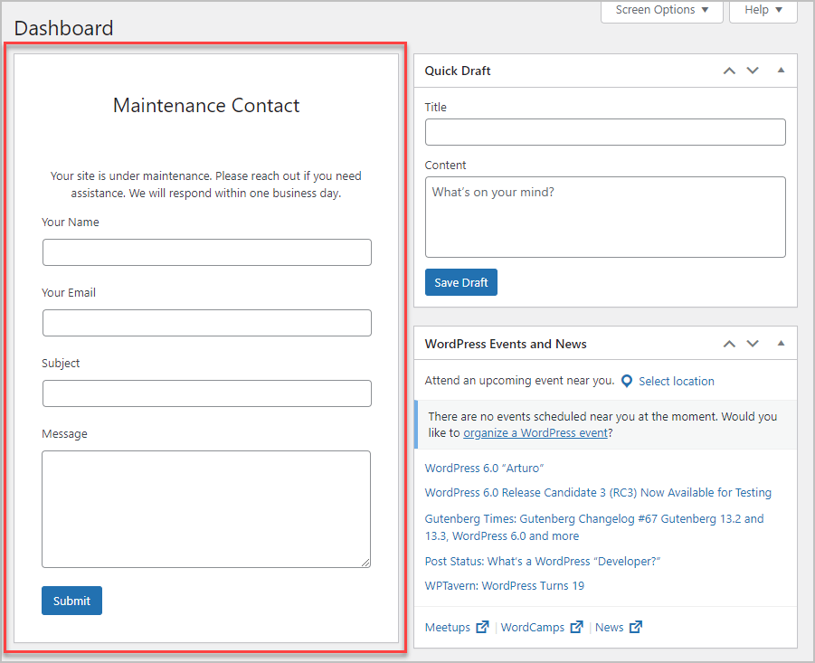 contact widget showing