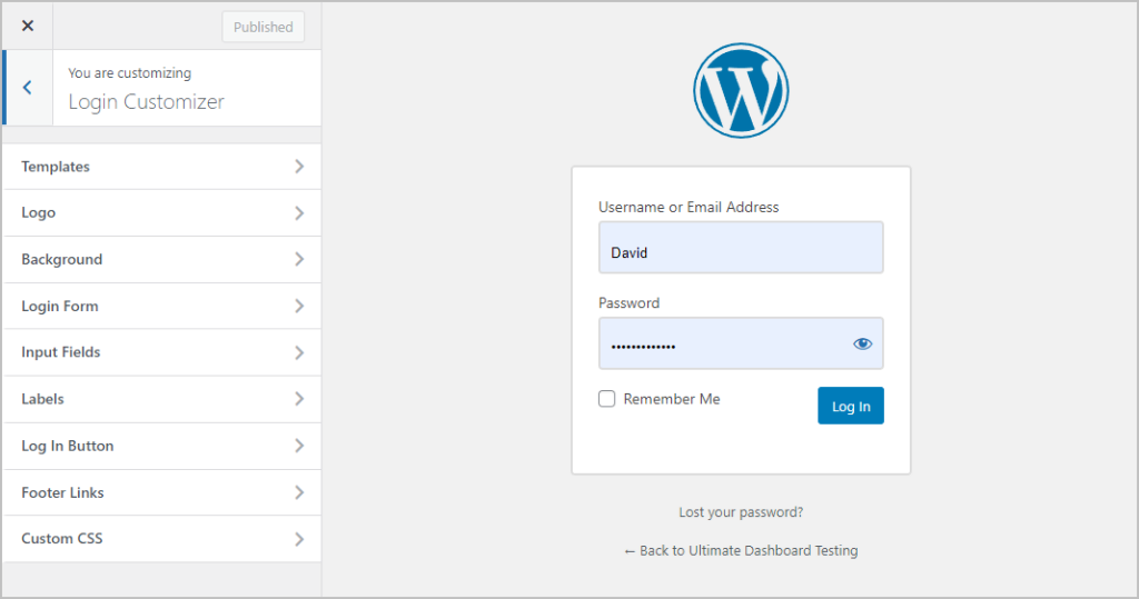 login page customizer