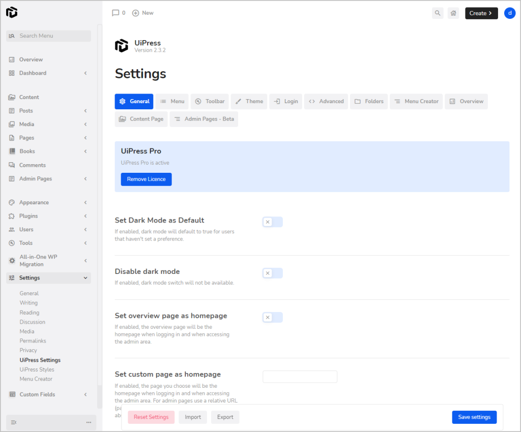 uipress admin settings