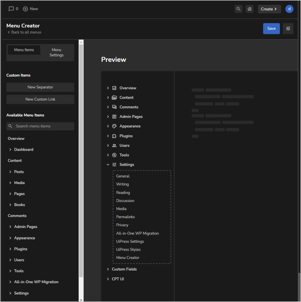 uipress aiowpm dragged to settings