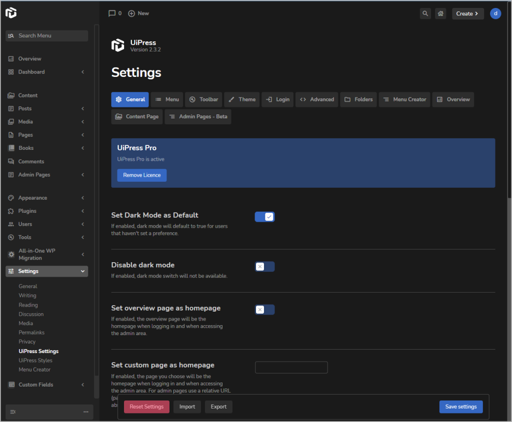 uipress dark mode enabled
