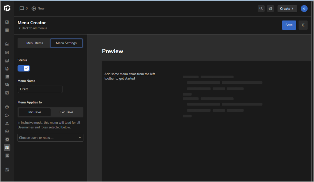 uipress settings for menu