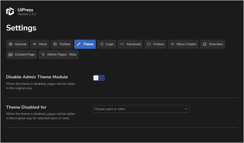 uipress settings theme tab