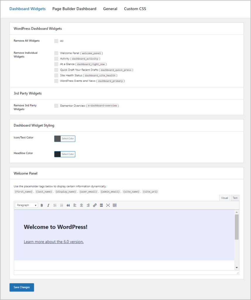ultimate dashboard settings screen