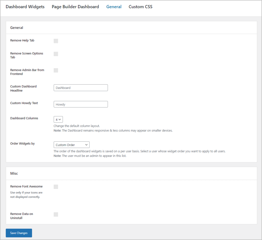 ultimate dashboard settings screen general