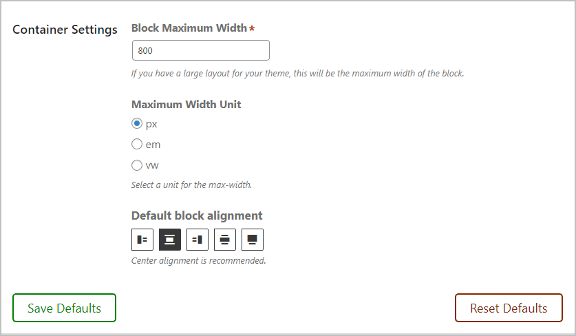 block defaults container settings