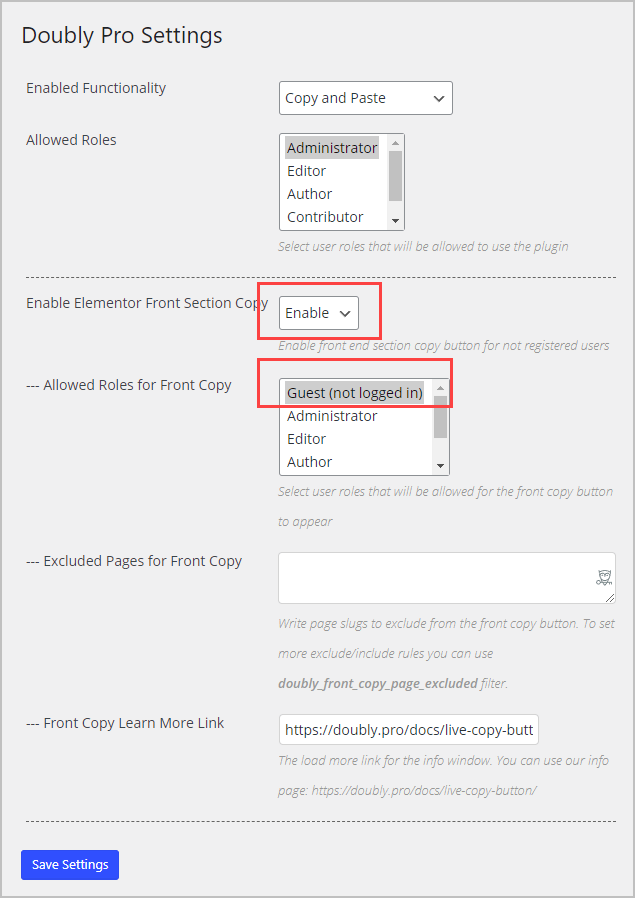 doubly enable front end section copying for guest