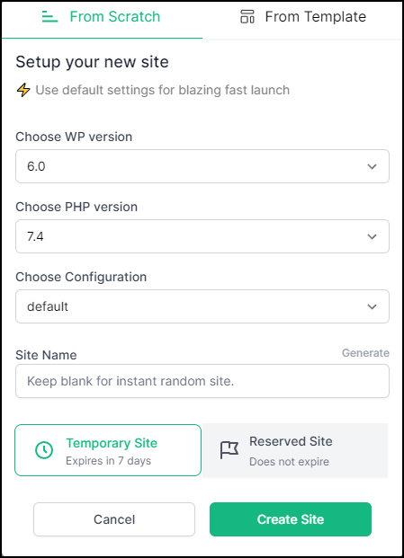 instawp site creation screen