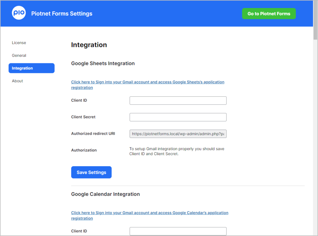 piotnet forms integrations menu