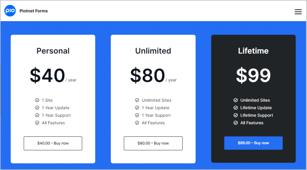 piotnet forms pricing