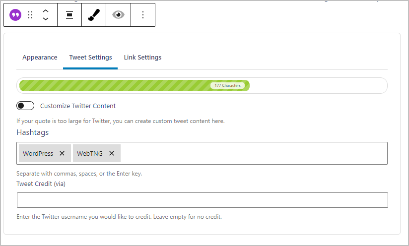 quotesdlx block in the editor tweet settings