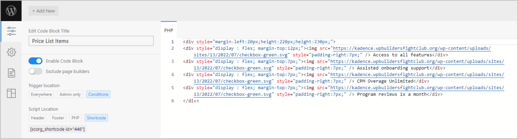 code block for pricing list items