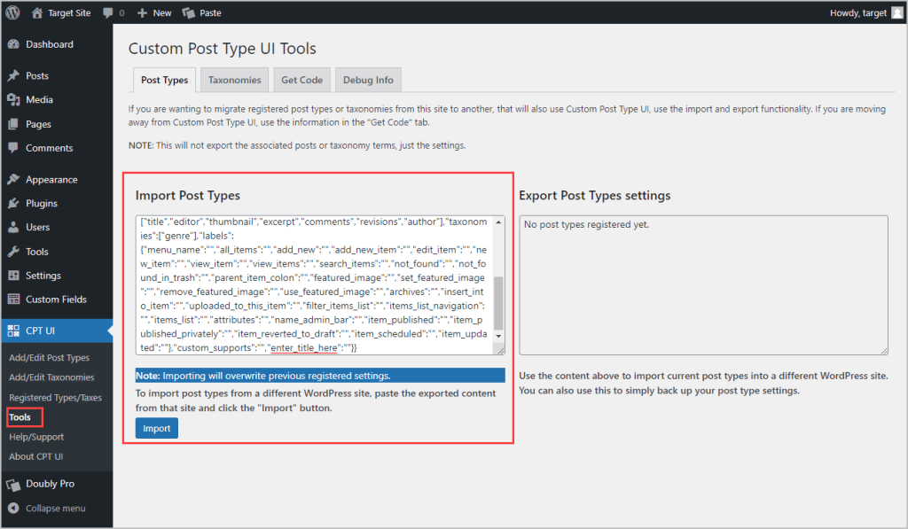 import cpt on target site