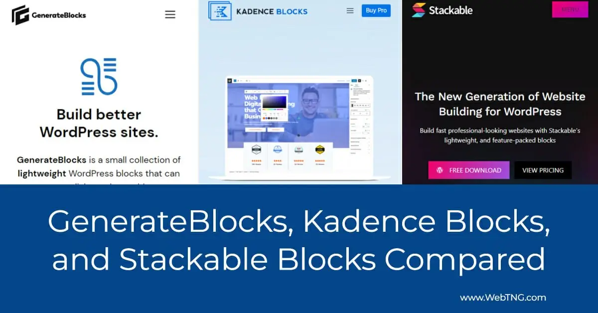 generateblocks kadence blocks and stackable blocks compared