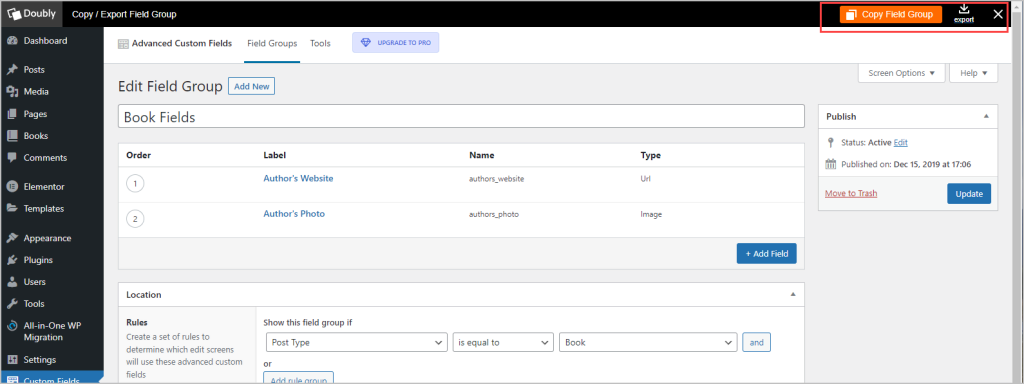 two field grop copy options