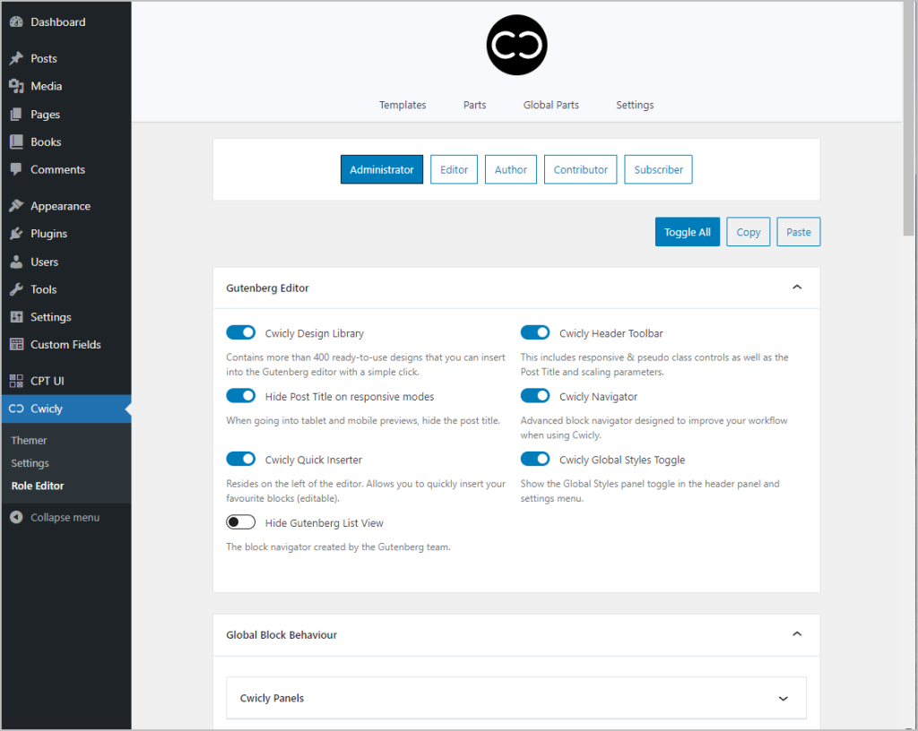 cwicly role editor menu
