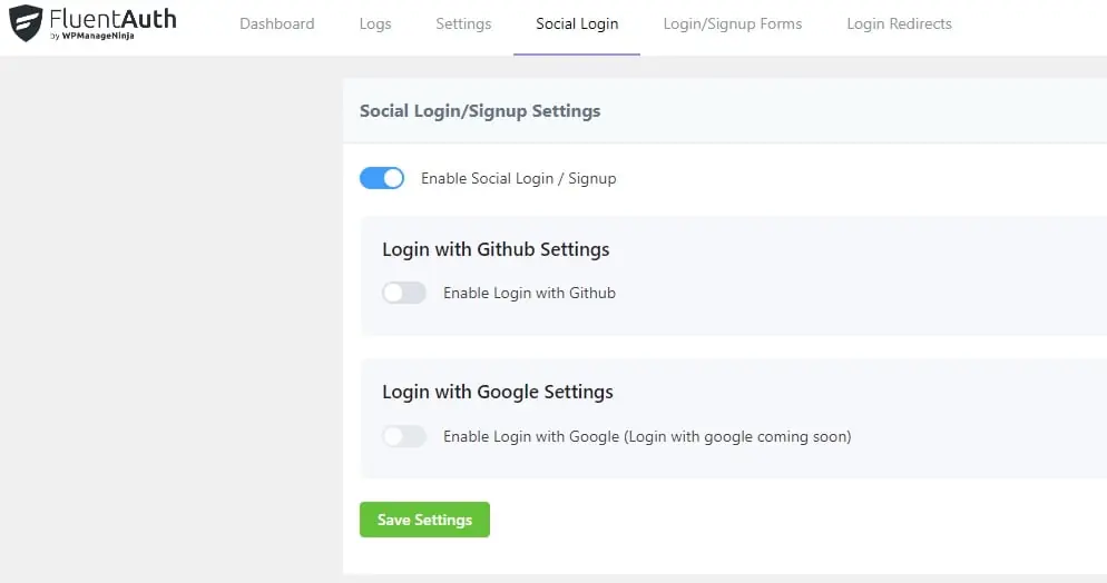 fluentauth social login settings