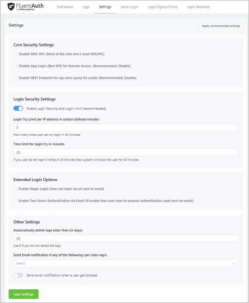 core security settings screen