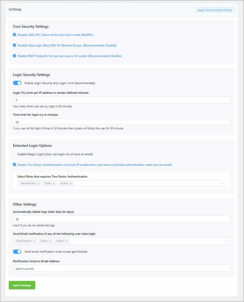 core security settings with suggested options applied