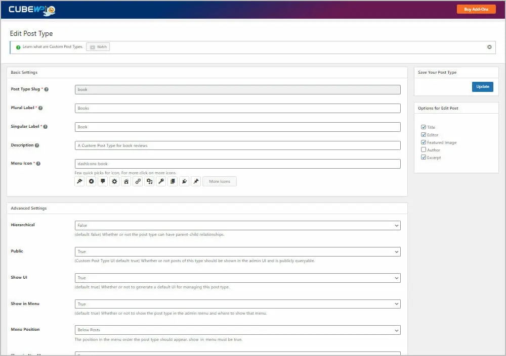 cubewp creating a custom post type