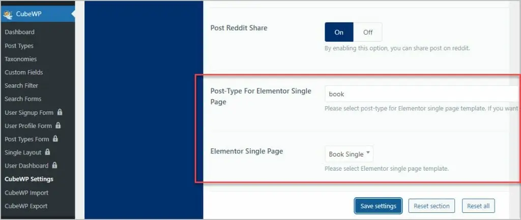 cubewp option to create single template using elementor free