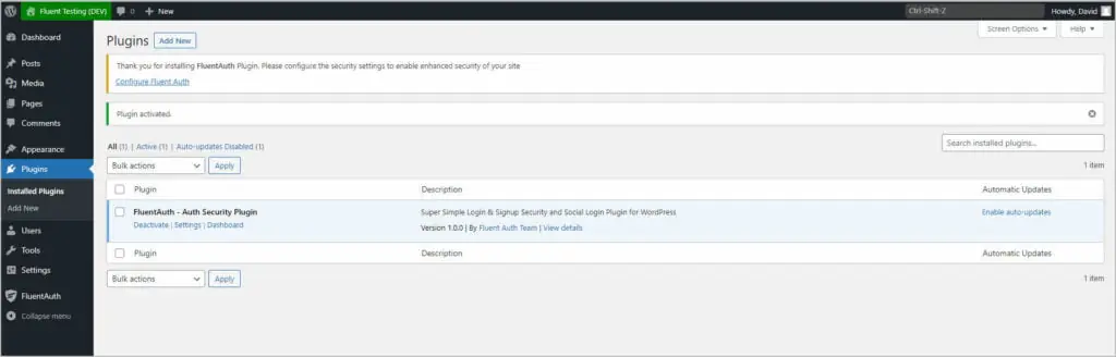 fluentauth activated