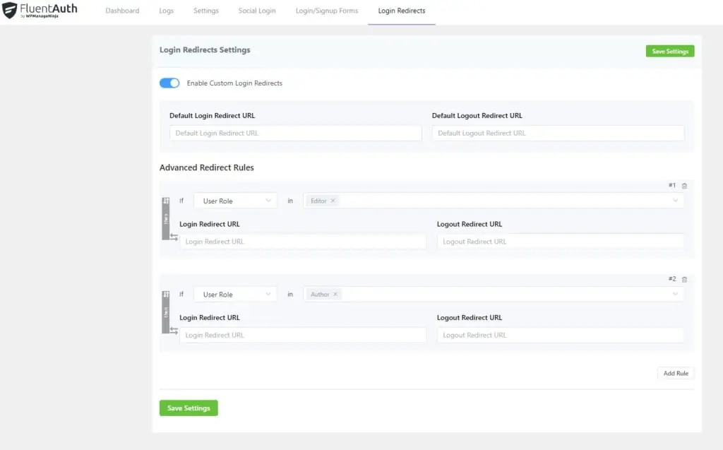 fluentauth login redirect rules
