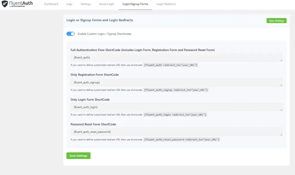 fluentauth login signup forms