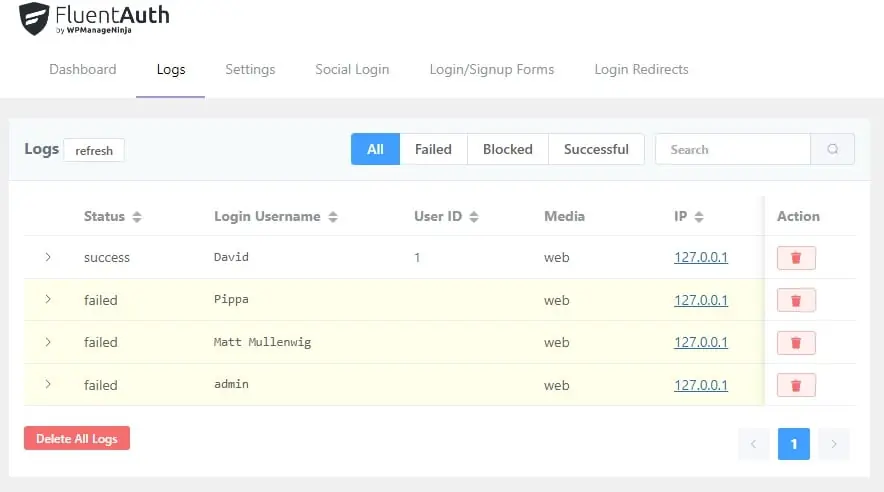 fluentauth view logs screen