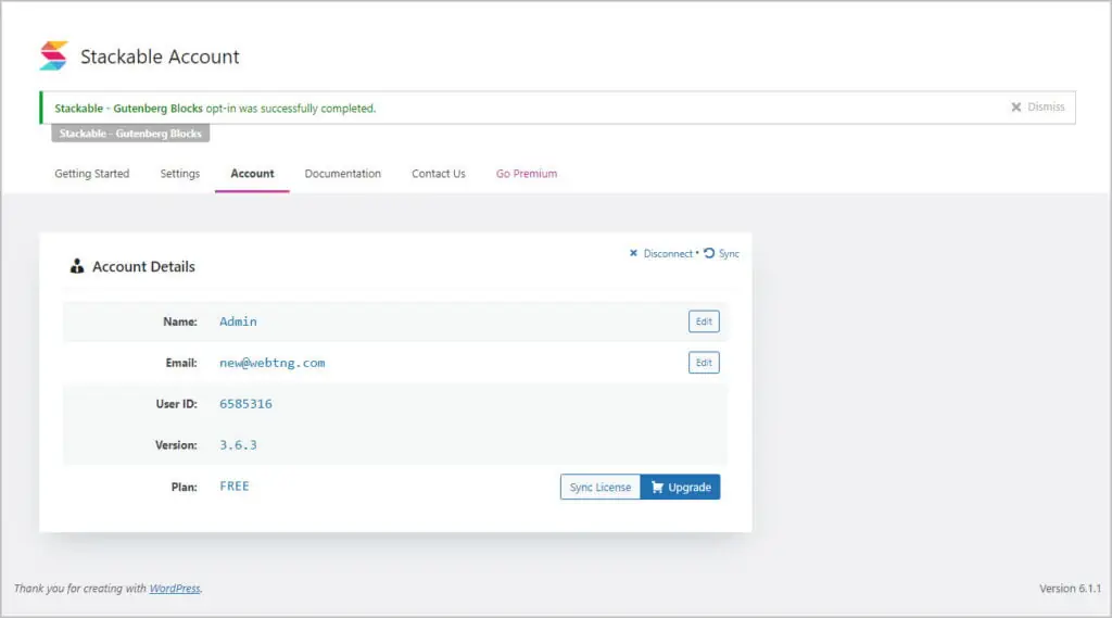 freemius account page for free plugin