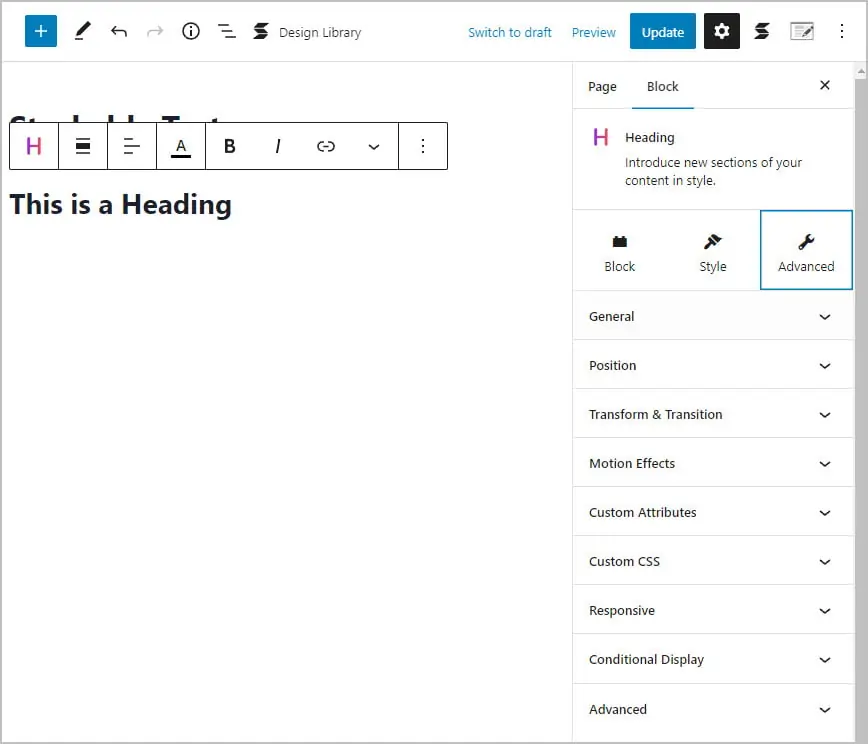 stackable block options advanced tab