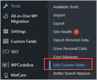 edit custom fields menu