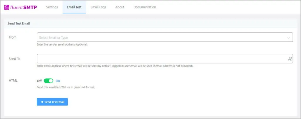 fluentsmtp email test tab