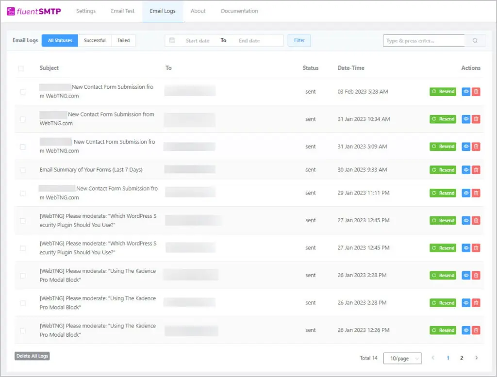 fluentsmtp logs tab