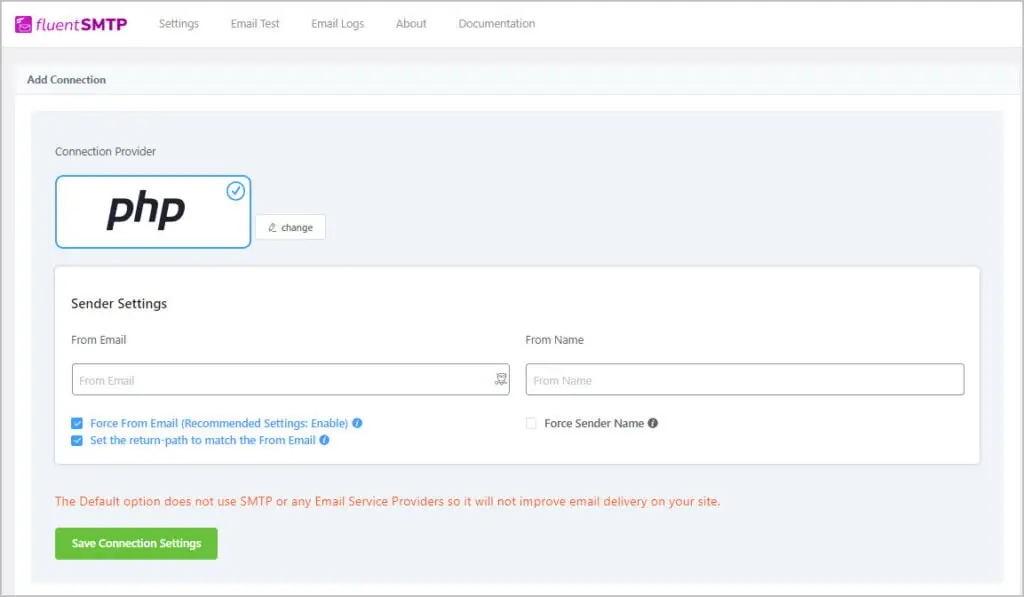 fluentsmtp php connection