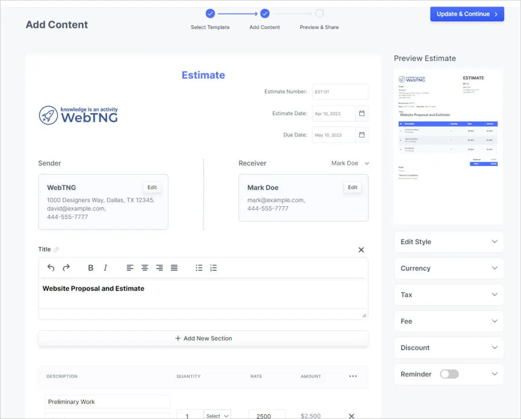 estimate add content