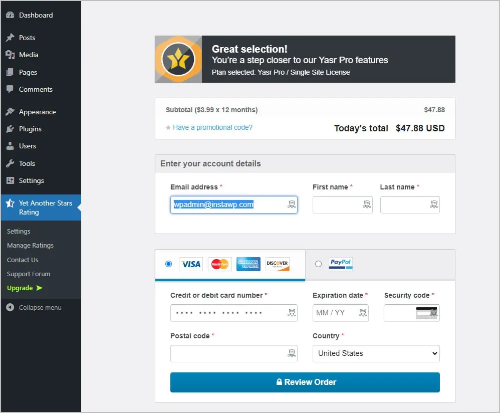yasr payment form