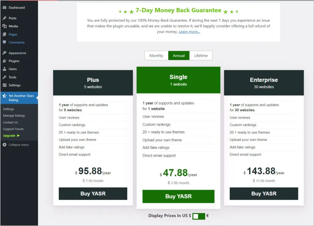 yasr pricing grid in the admin