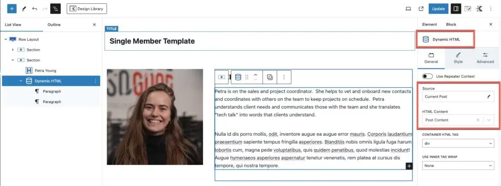 using the dynamic html tag for post content