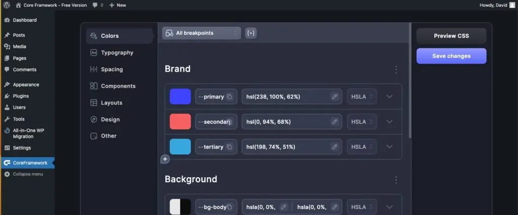 core framework ui inside wp admin
