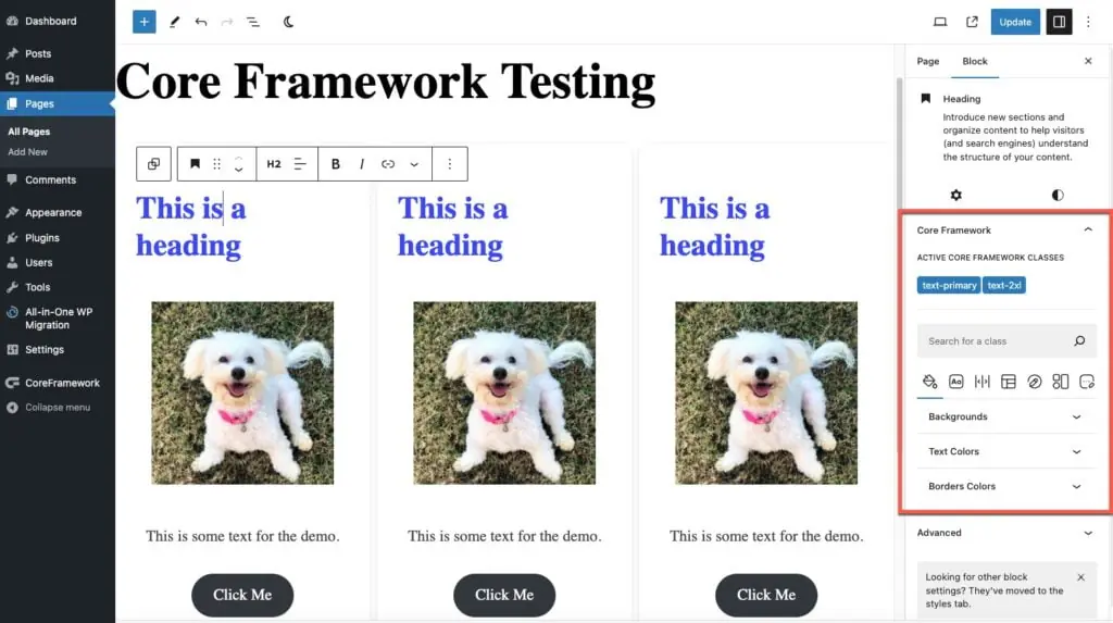 using the core framework with gutenberg